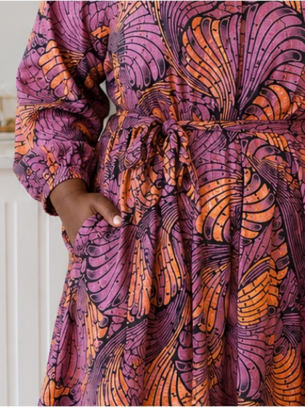 Ray Darten African Print Dress Purple & Orange Long Sleeve Drawstring Dress 4X - Picture 5 of 8
